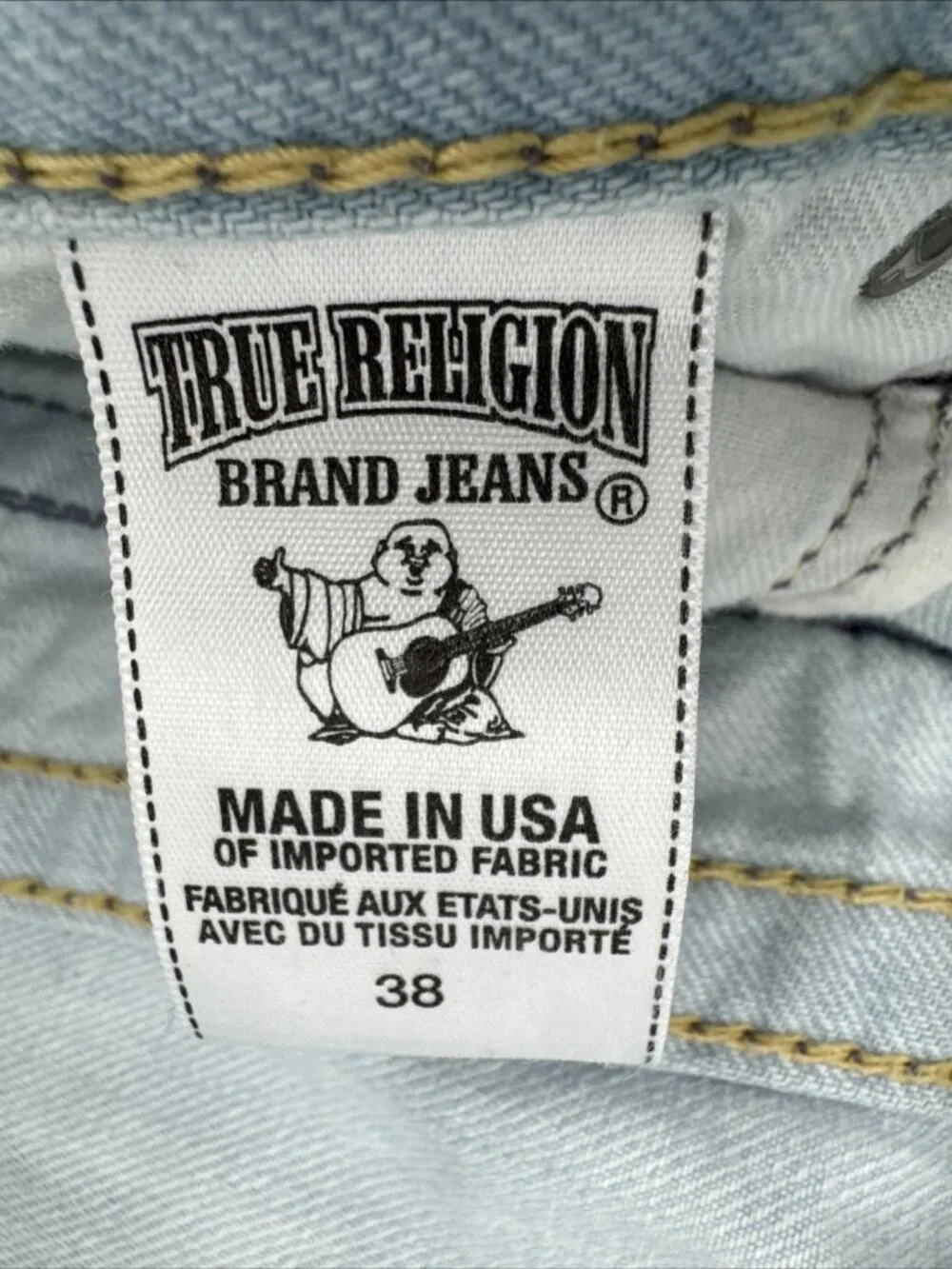 True Religion Jeans Mens 38x34 Ricky Light Blue Denim Distressed Flap Pockets